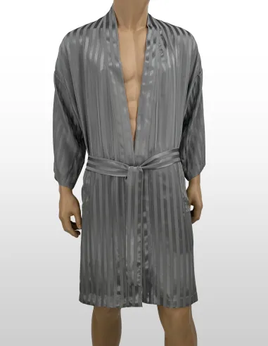 Silk Kimono inSilk Jacquard Stripe Steelgrey